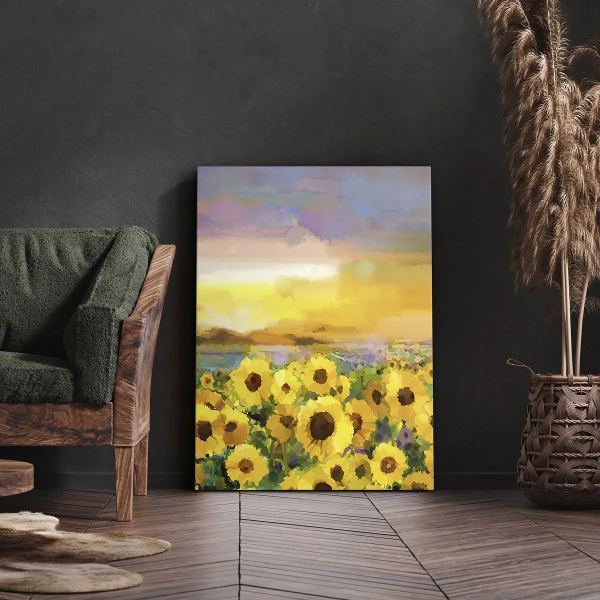 Cuadro sobre lienzo - Impresión de Imagen - Un campo de girasoles a la luz del sol poniente. - 50x70cm - El propio sol ha bajado a la Tierra - Decoración de pared moderna para salón y dormitorio ARTTOR