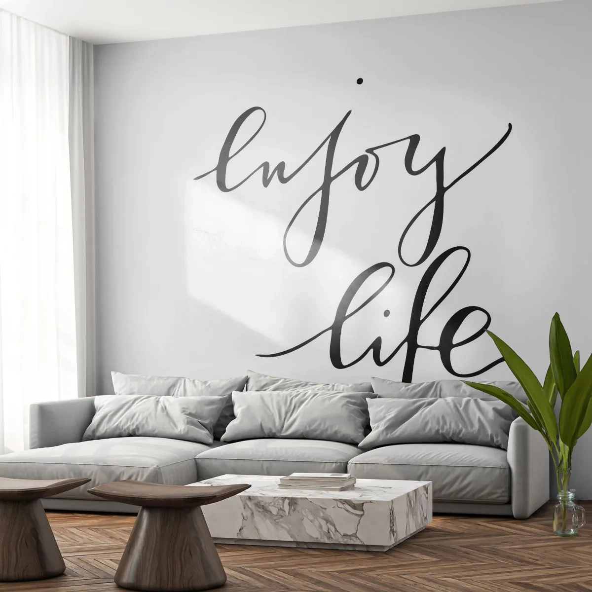 Fotomural Premium Sand - Cita "Disfruta la vida" en elegante caligrafía. - 100x70cm - Nada que añadir... - Decoración de pared moderna para salón y dormitorio ARTTOR