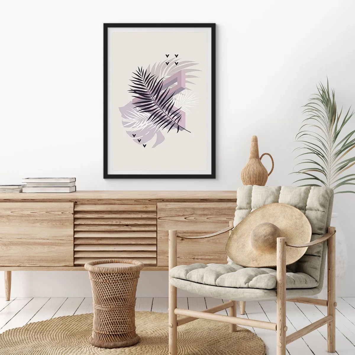 Póster en marco negro - Composición abstracta con hojas y formas geométricas. - 50x70cm - La sombra de una sombra - Decoración de pared moderna para salón y dormitorio ARTTOR