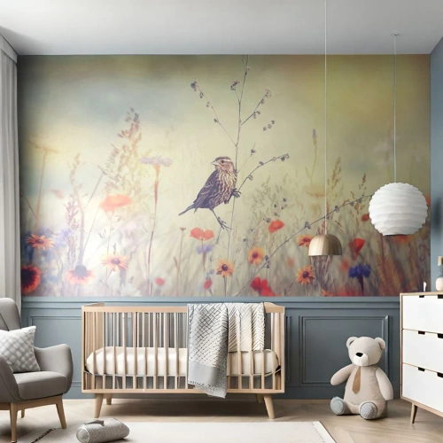 Fotomural Standard Eco - Un pájaro en una rama en un prado florido bajo la suave luz. - 100x70cm - Retrato de pájaro con prado de fondo - Decoración de pared moderna para salón y dormitorio ARTTOR