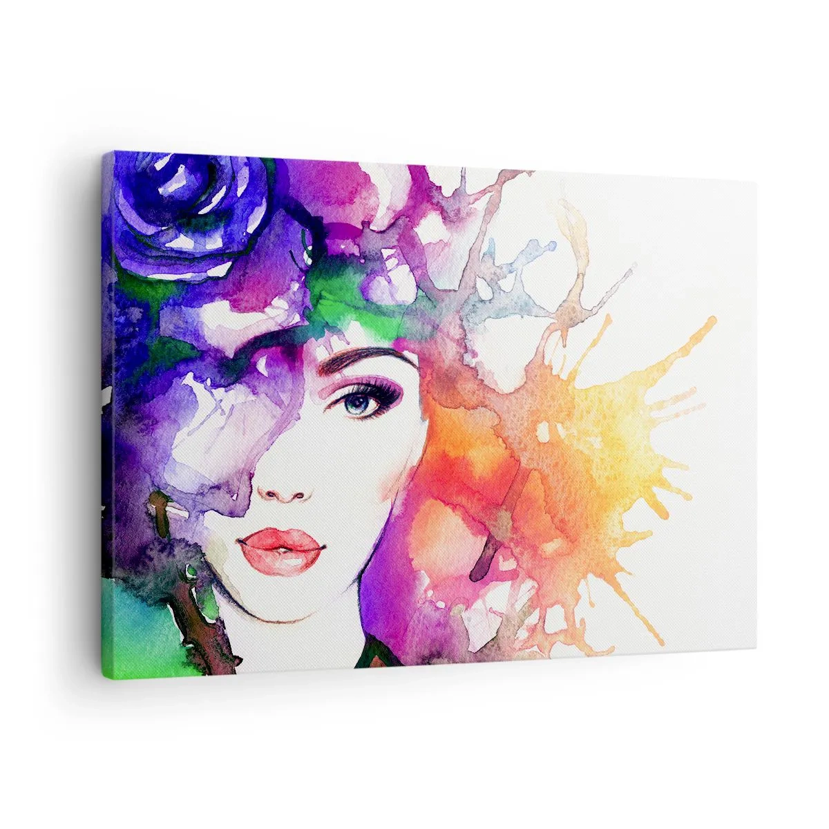 Cuadro sobre lienzo - Impresión de Imagen - Retrato de una mujer en colores de acuarela con manchas abstractas. - 70x50cm - Con la cabeza en las nubes - Decoración de pared moderna para salón y dormitorio ARTTOR