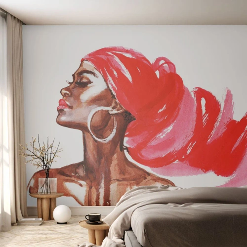 Fotomural Premium Sand - Retrato estilizado de una mujer con un pañuelo rojo. - 100x70cm - Aroma que te hace sentir - Decoración de pared moderna para salón y dormitorio ARTTOR