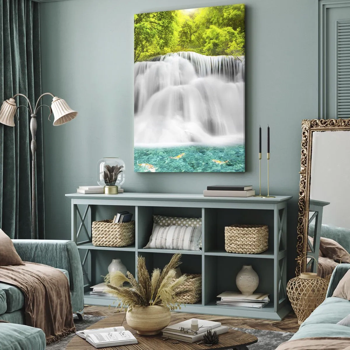Cuadro sobre lienzo - Impresión de Imagen - Una cascada en un bosque tropical con agua turquesa. - 80x120cm - Cascada espumosa, de verde a azul - Decoración de pared moderna para salón y dormitorio ARTTOR