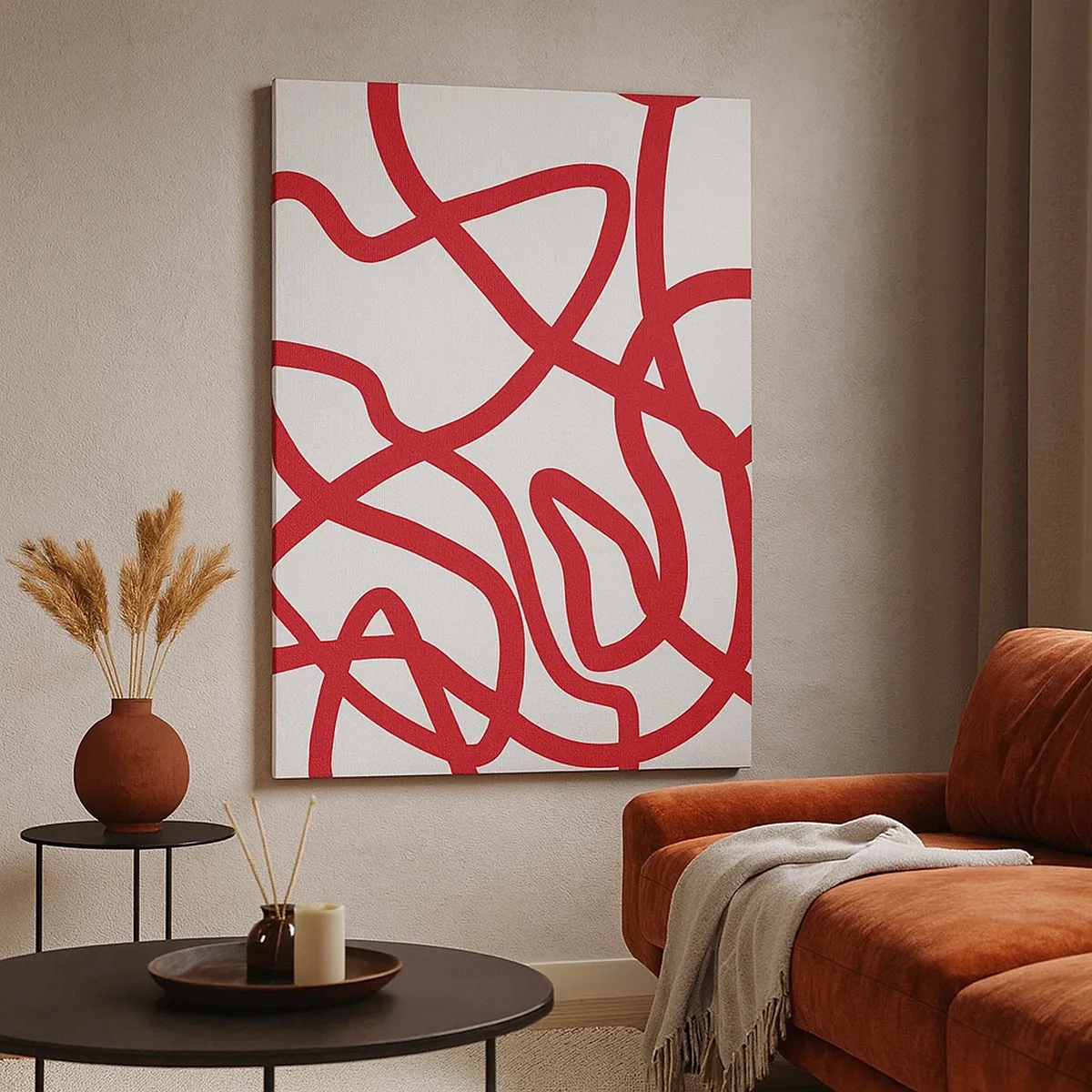 Cuadro sobre lienzo - Impresión de Imagen - Líneas abstractas rojas sobre un fondo blanco - 50x70cm - Rojo sobre blanco - Decoración de pared moderna para salón y dormitorio ARTTOR