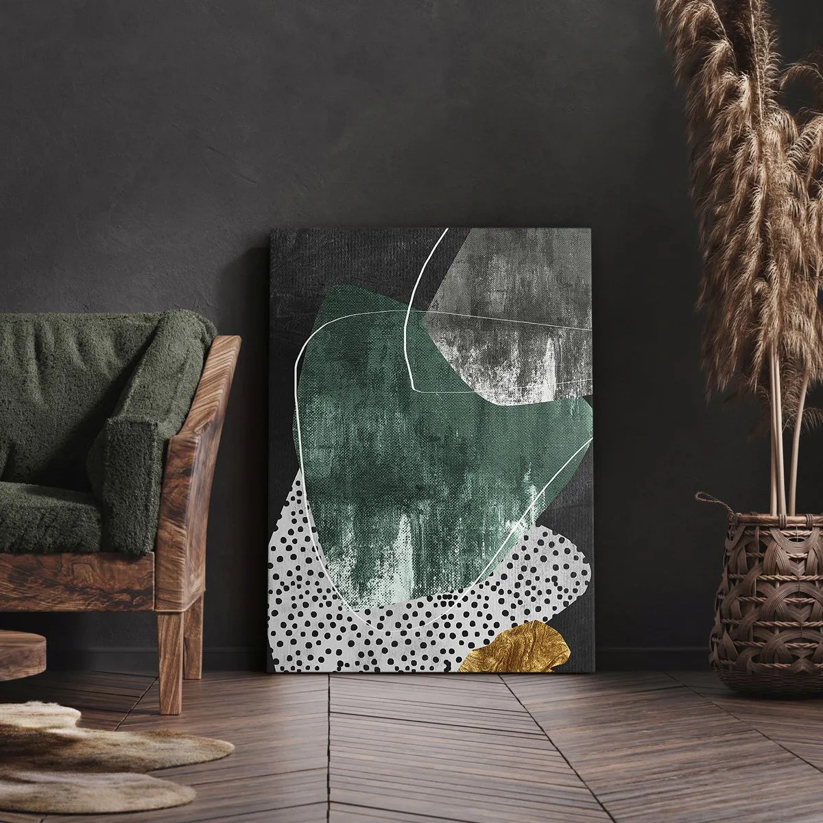 Cuadro sobre lienzo - Impresión de Imagen - Abstracción colorista con un copo de oro - 55x100 cm