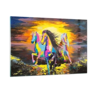 Cuadro sobre vidrio - Impresiones sobre Vidrio - Caballos coloridos galopando contra el fondo del atardecer - 120x80cm - Sumergido en un arco iris - Decoración de pared moderna para salón y dormitorio ARTTOR