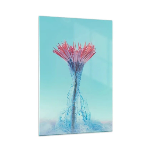 Cuadro sobre vidrio - Impresiones sobre Vidrio - Una flor rosa y azul en un arreglo artístico sobre un fondo pastel. - 80x120cm - En un abrazo vigorizante - Decoración de pared moderna para salón y dormitorio ARTTOR