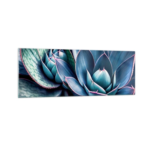 Cuadro sobre vidrio - Impresiones sobre Vidrio - Agave en tonos azules y verdes con acentos rosados. - 140x50cm - Fuerza vital - Decoración de pared moderna para salón y dormitorio ARTTOR