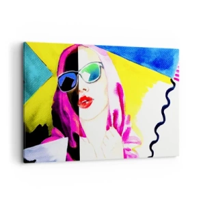 Cuadro sobre lienzo - Impresión de Imagen - Retrato colorido de una mujer con gafas de sol. - 120x80cm - Contrastes - Decoración de pared moderna para salón y dormitorio ARTTOR