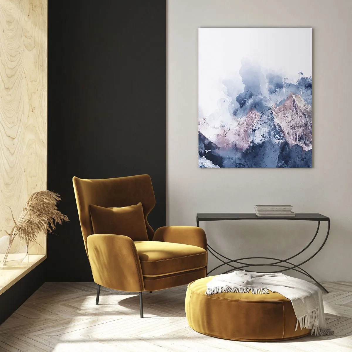 Cuadro sobre vidrio - Impresiones sobre Vidrio - Montañas de acuarela en tonos pastel sobre un fondo blanco. - 70x100cm - El techo del mundo - Decoración de pared moderna para salón y dormitorio ARTTOR