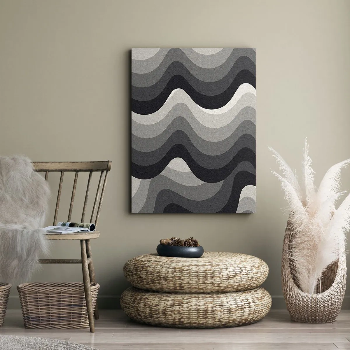 Cuadro sobre lienzo - Impresión de Imagen - Patrones ondulados en blanco y negro en tonos de gris. - 50x70cm - Ola tras ola - Decoración de pared moderna para salón y dormitorio ARTTOR