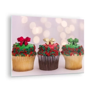 Cuadro sobre vidrio - Impresiones sobre Vidrio - Cupcakes navideños con adornos de lazo - 70x50cm - Dulzura hasta el lazo - Decoración de pared moderna para salón y dormitorio ARTTOR