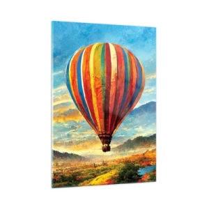 Cuadro sobre vidrio - Impresiones sobre Vidrio - Un globo colorido flotando sobre un paisaje montañoso. - 50x70cm - En silencio se ve el horizonte - Decoración de pared moderna para salón y dormitorio ARTTOR
