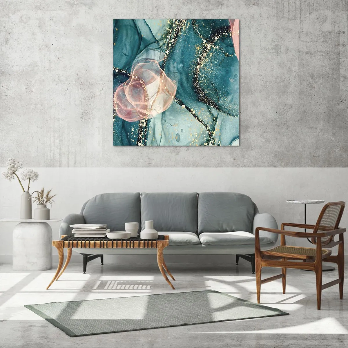 Cuadro sobre vidrio - Impresiones sobre Vidrio - Seda azul, tul rosa - 70x70 cm