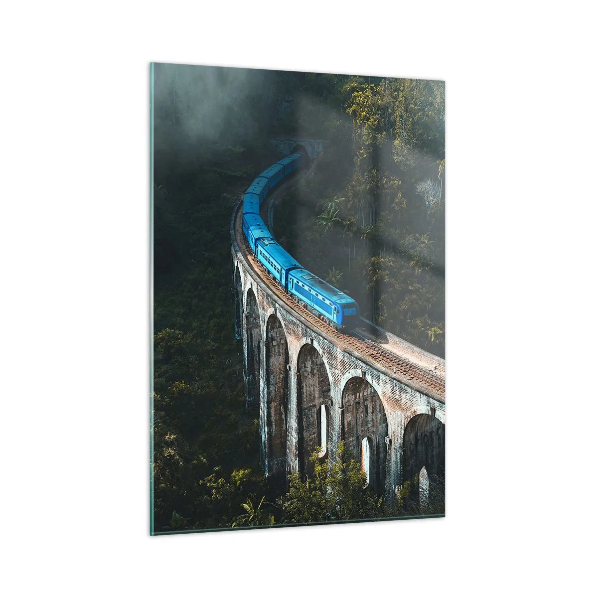 Cuadro sobre vidrio - Impresiones sobre Vidrio - Un tren azul que viaja por un viaducto de piedra en el bosque. - 50x70cm - Vías sobre la naturaleza - Decoración de pared moderna para salón y dormitorio ARTTOR