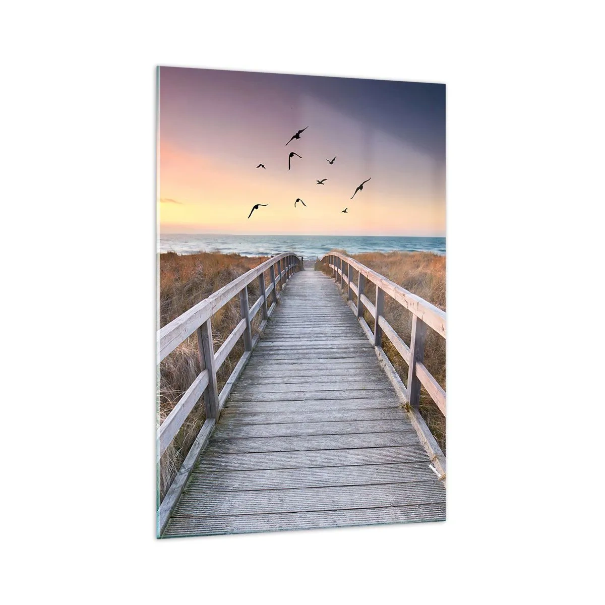 Cuadro sobre vidrio - Impresiones sobre Vidrio - Muelle de madera que conduce a la playa al atardecer - 70x100cm - Camino a lo desconocido - Decoración de pared moderna para salón y dormitorio ARTTOR