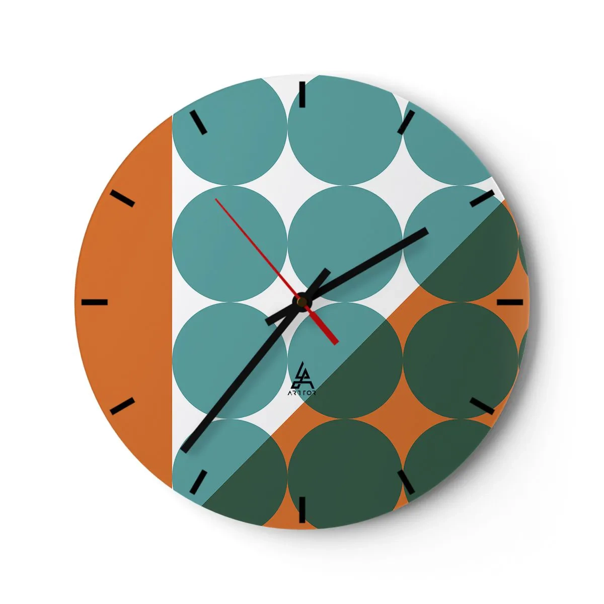 Reloj de pared - Reloj de vidrio - Círculos geométricos en tonos verdes y naranjas. - 30x30cm - Hacia arriba y en diagonal - Decoración de pared moderna para salón, cocina y dormitorio ARTTOR