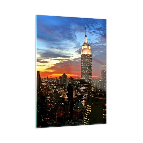 Cuadro sobre vidrio - Impresiones sobre Vidrio - Panorama nocturno de la ciudad con edificios iluminados. - 50x70cm - Una luminosa noche americana - Decoración de pared moderna para salón y dormitorio ARTTOR