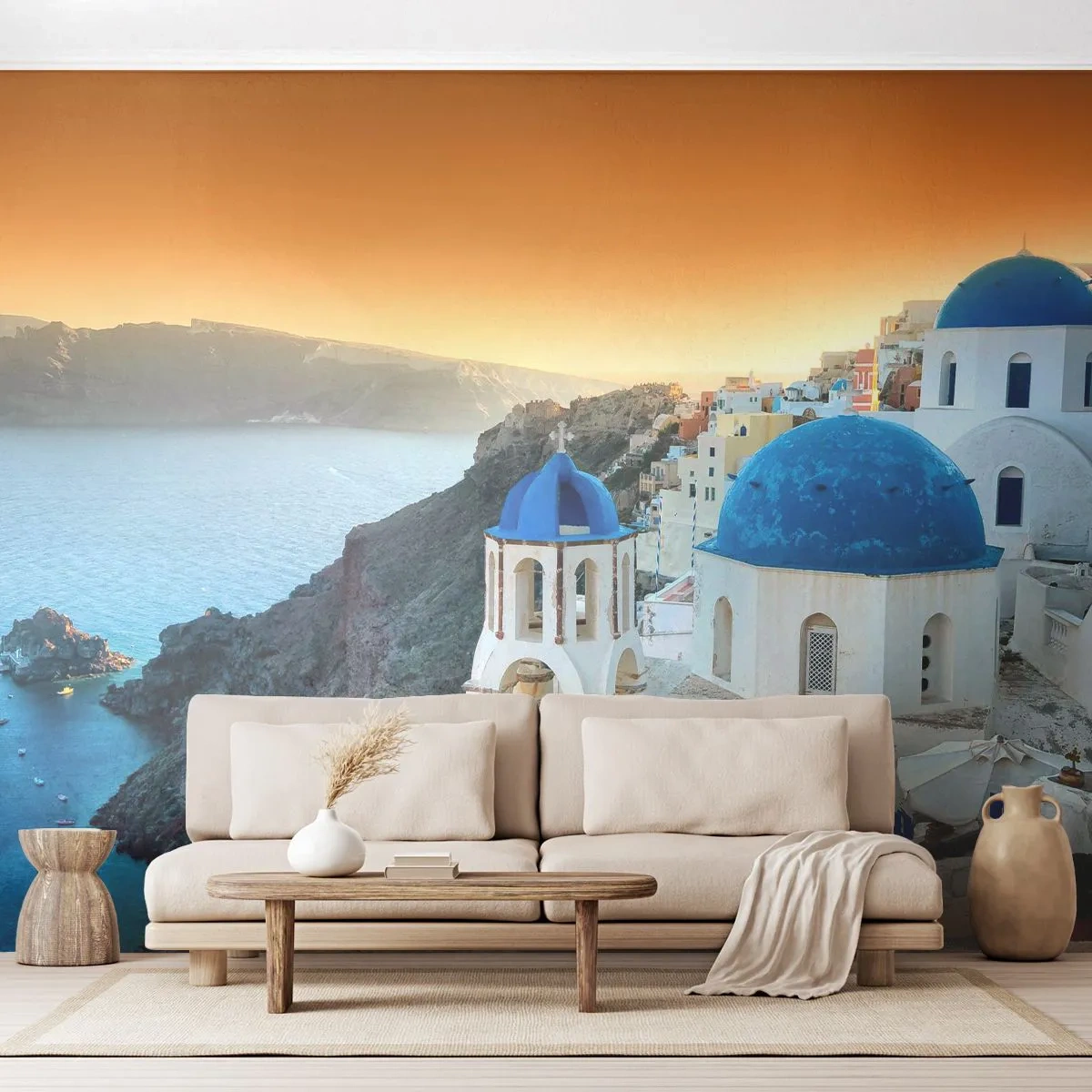 Fotomural Autadhesivo Deluxe Sticker - Santorini - el abrazo a las rocas - Paisaje, Grecia, Santorini - 350x256 cm