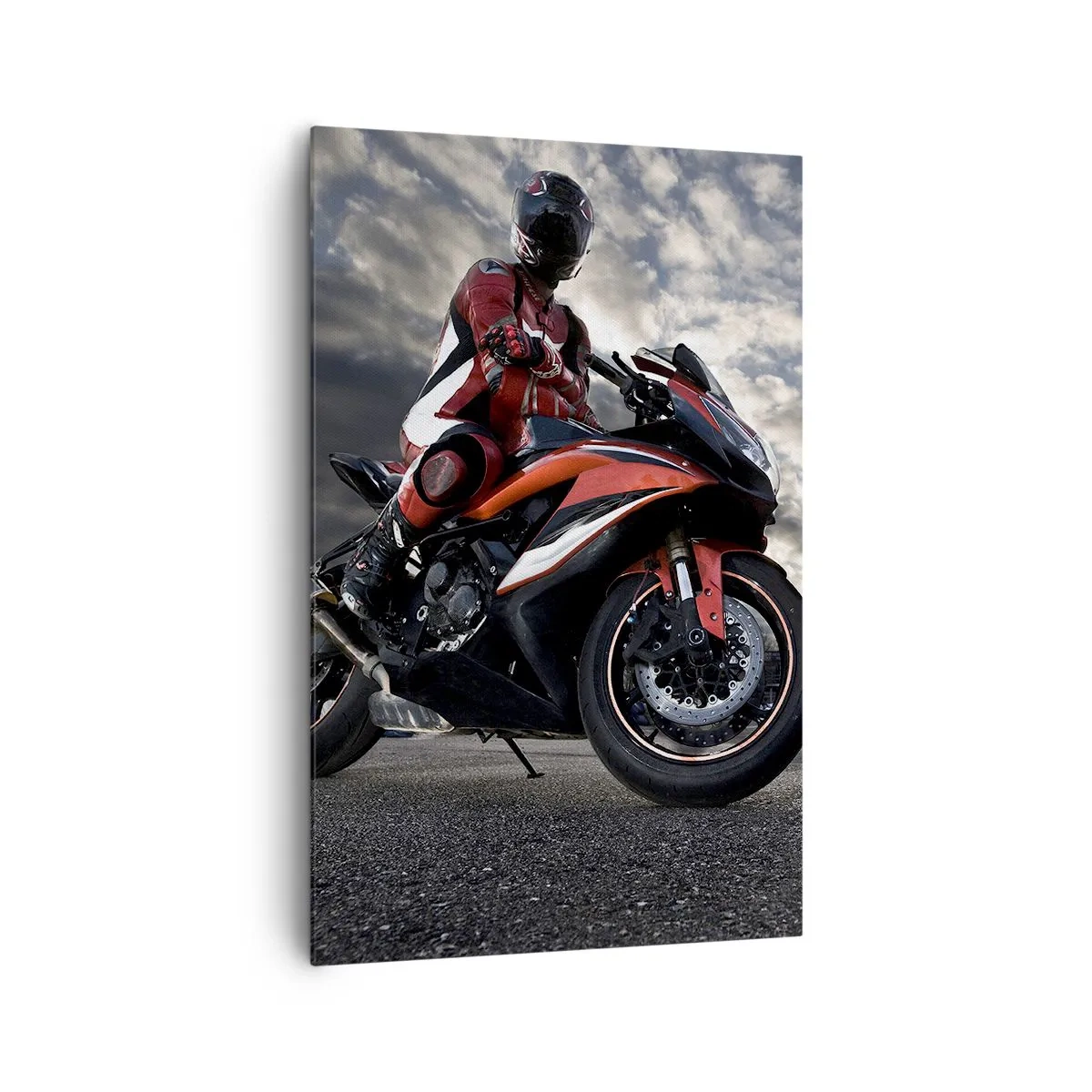 Cuadro sobre lienzo - Impresión de Imagen - Un motociclista en una motocicleta deportiva contra un cielo nublado. - 80x120cm - Motorista oscuro - Decoración de pared moderna para salón y dormitorio ARTTOR