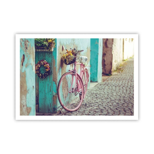 Póster - Una bicicleta rosa junto a una puerta turquesa. - 100x70cm - Ahora mismo vuelvo - Decoración de pared moderna para salón y dormitorio ARTTOR