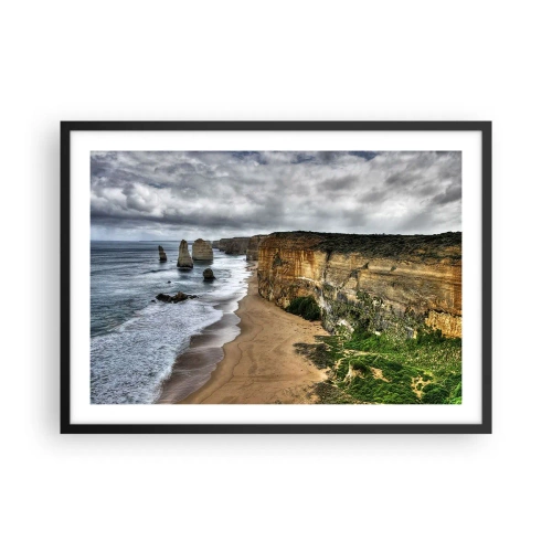 Póster en marco negro - Costa de acantilados con playa y formaciones rocosas - 70x50cm - Belleza en bruto - Decoración de pared moderna para salón y dormitorio ARTTOR