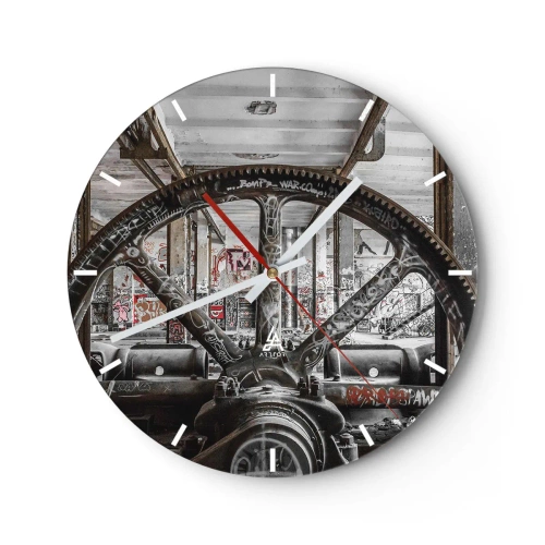 Reloj de pared - Reloj de vidrio - Un motivo industrial con elementos de maquinaria y graffitis. - 30x30cm - La vida secreta de una fábrica - Decoración de pared moderna para salón, cocina y dormitorio ARTTOR