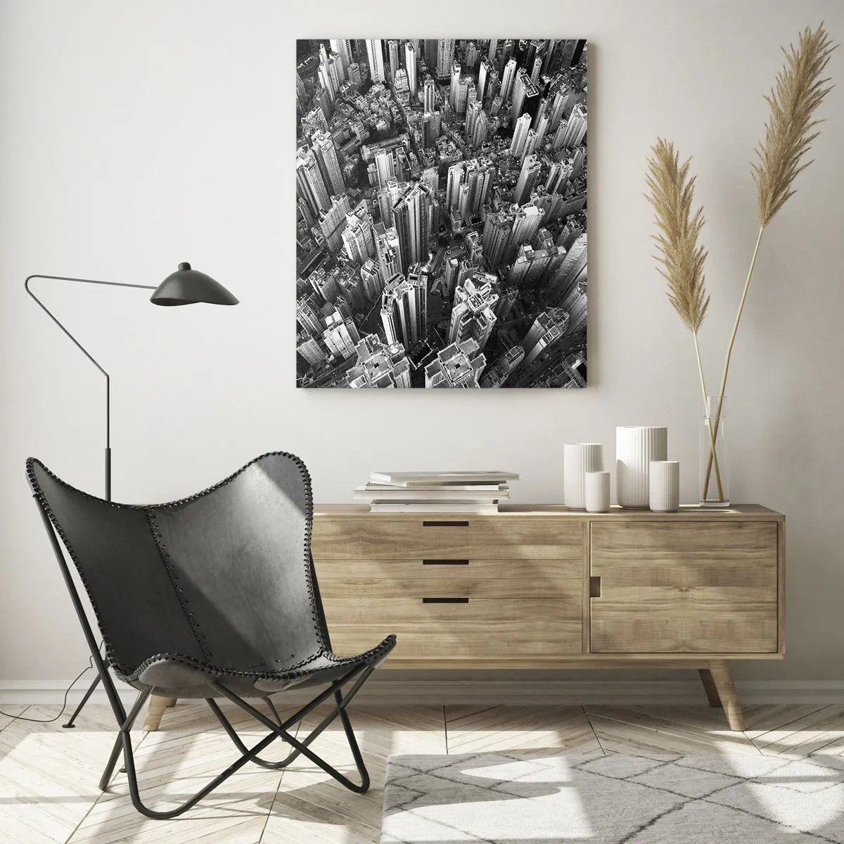 Cuadro sobre vidrio - Impresiones sobre Vidrio - Vista aérea de la ciudad en blanco y negro - 70x100cm - Cada vez más alto - Decoración de pared moderna para salón y dormitorio ARTTOR