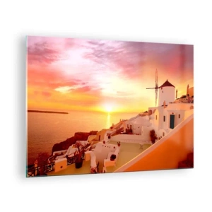 Cuadro sobre vidrio - Impresiones sobre Vidrio - Puesta de sol sobre Santorini con edificios blancos y un molino de viento - 70x50cm - Blanco y dorado - Decoración de pared moderna para salón y dormitorio ARTTOR