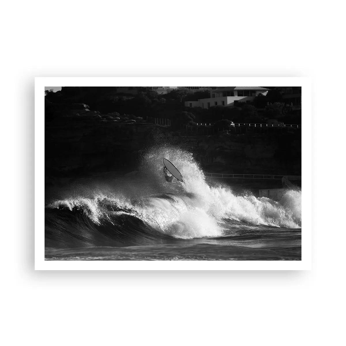 Póster - Un surfista montando una ola en monocromo. - 100x70cm - Desafío aceptado - Decoración de pared moderna para salón y dormitorio ARTTOR