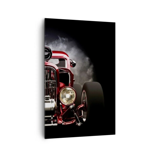 Cuadro sobre lienzo - Impresión de Imagen - Coche de carreras clásico rojo sobre un fondo oscuro - 80x120cm - Rápida y furiosamente bella - Decoración de pared moderna para salón y dormitorio ARTTOR