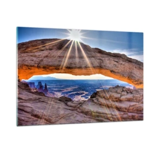 Cuadro sobre vidrio - Impresiones sobre Vidrio - Arco de roca con rayos de sol contra el fondo del paisaje. - 120x80cm - A través de la puerta de la roca - Decoración de pared moderna para salón y dormitorio ARTTOR