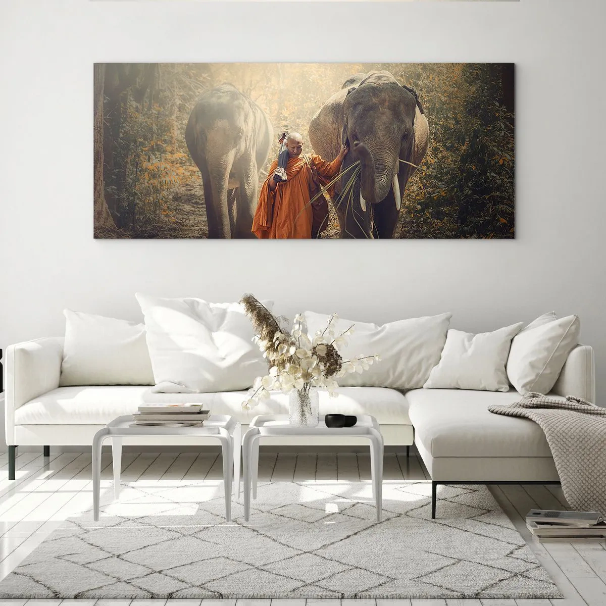 Cuadro sobre vidrio - Impresiones sobre Vidrio - Un monje con una túnica naranja guía un elefante en el bosque. - 140x50cm - Comprensión total - Decoración de pared moderna para salón y dormitorio ARTTOR