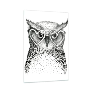 Cuadro sobre vidrio - Impresiones sobre Vidrio - Gráfico elegante de un búho con gafas en forma de corazón. - 70x100cm - Con sabiduría y amor - Decoración de pared moderna para salón y dormitorio ARTTOR