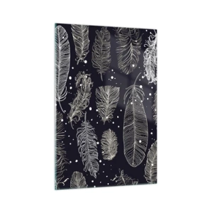 Cuadro sobre vidrio - Impresiones sobre Vidrio - Delicadas plumas blancas sobre un fondo azul marino. - 70x100cm - Encaje de plumas - Decoración de pared moderna para salón y dormitorio ARTTOR