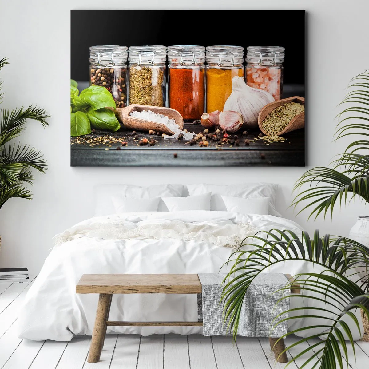 Cuadro sobre lienzo - Impresión de Imagen - Hierbas y especias en frascos de vidrio sobre un fondo oscuro. - 70x50cm - Para que la vida sepa bien - Decoración de pared moderna para salón y dormitorio ARTTOR