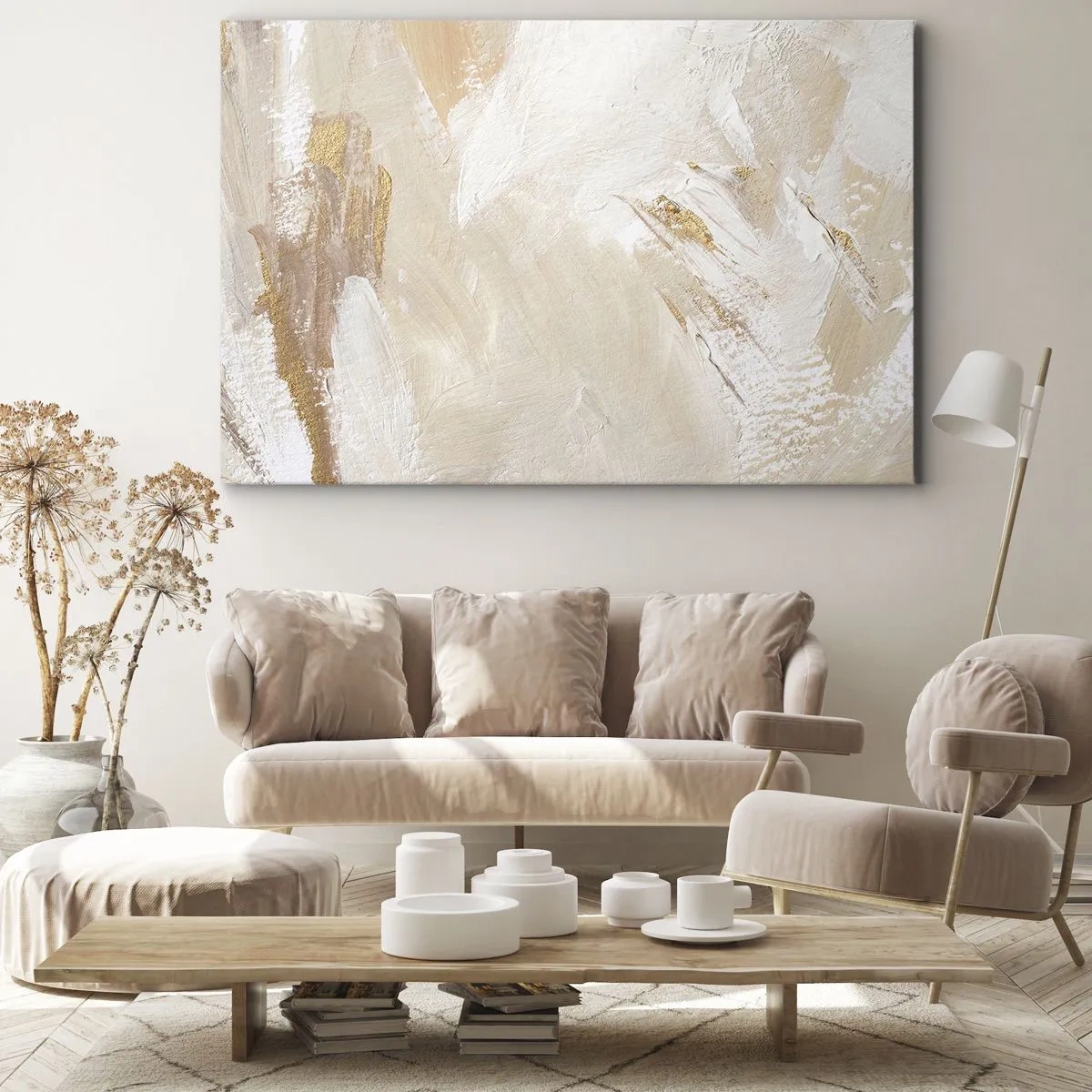 Cuadro sobre lienzo - Impresión de Imagen - Delicados tonos abstractos en tonos beige y dorado. - 120x80cm - Composición en pastel - Decoración de pared moderna para salón y dormitorio ARTTOR