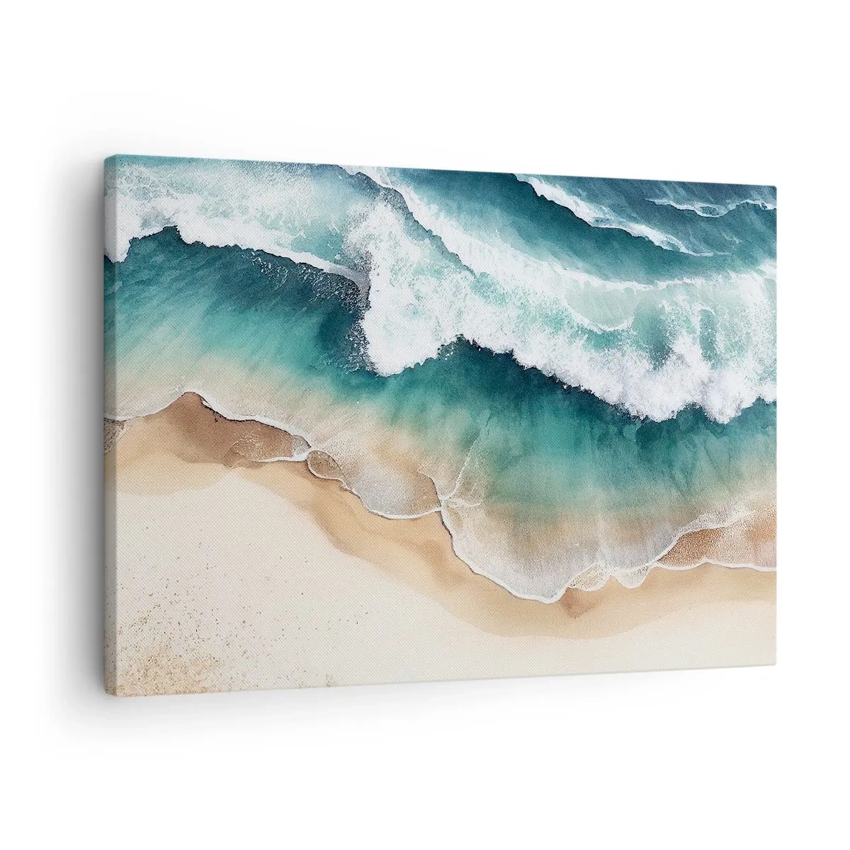 Cuadro sobre lienzo - Impresión de Imagen - Vista de la playa y las olas del mar en tonos turquesa. - 70x50cm - Un encuentro eterno - Decoración de pared moderna para salón y dormitorio ARTTOR