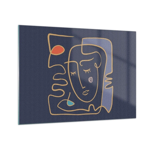 Cuadro sobre vidrio - Impresiones sobre Vidrio - Rostro abstracto delineado sobre un fondo azul marino - 70x50cm - En un maravilloso sueño - Decoración de pared moderna para salón y dormitorio ARTTOR