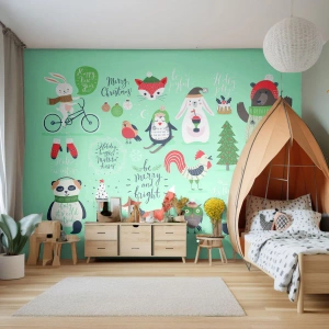 Fotomural Premium Canvas - Ilustración navideña de animales en un ambiente invernal. - 100x70cm - ¡Que siempre sea Navidad! - Decoración de pared moderna para salón y dormitorio ARTTOR