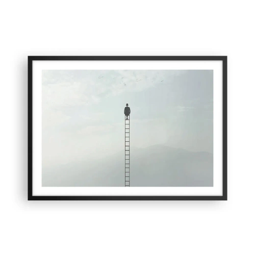 Póster en marco negro - Un hombre en una escalera que sube hacia el cielo. - 70x50cm - Hacia lo más alto - Decoración de pared moderna para salón y dormitorio ARTTOR