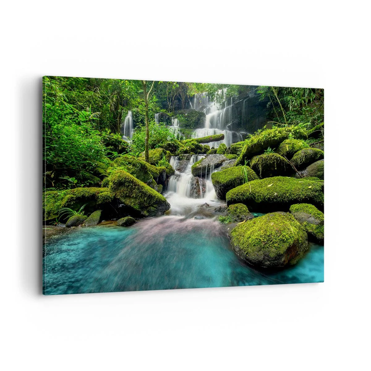 Cuadro sobre lienzo - Impresión de Imagen - Una cascada tropical rodeada de vegetación y agua turquesa. - 100x70cm - Turquesa, zafiro y plata líquida - Decoración de pared moderna para salón y dormitorio ARTTOR