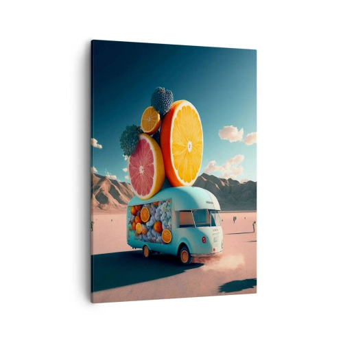 Cuadro sobre lienzo - Impresión de Imagen - Camión de frutas en un paisaje desértico - 50x70cm - Un sabor a vacaciones - Decoración de pared moderna para salón y dormitorio ARTTOR