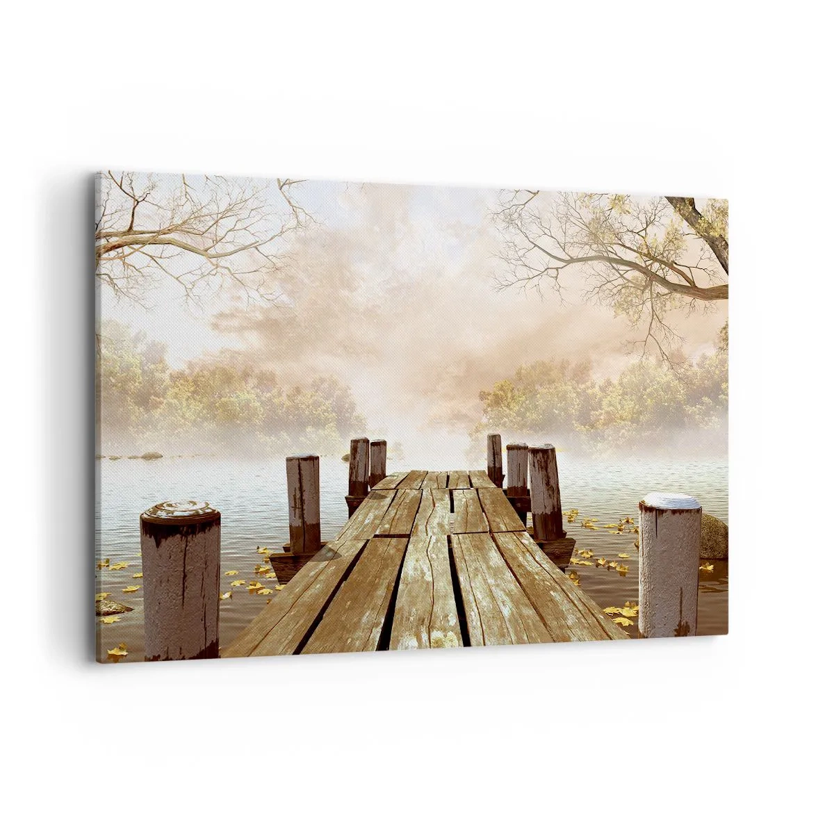 Cuadro sobre lienzo - Impresión de Imagen - Un muelle de madera que conduce a un lago tranquilo en la niebla de la mañana. - 120x80cm - La leve tristeza del otoño - Decoración de pared moderna para salón y dormitorio ARTTOR