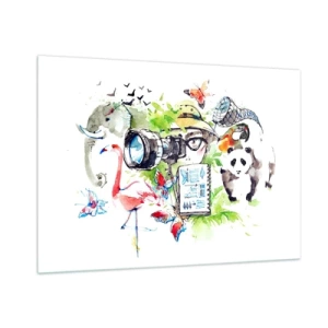 Cuadro sobre vidrio - Impresiones sobre Vidrio - Ilustración de un fotógrafo con una cámara y animales. - 100x70cm - En la objetivo de un viajero - Decoración de pared moderna para salón y dormitorio ARTTOR