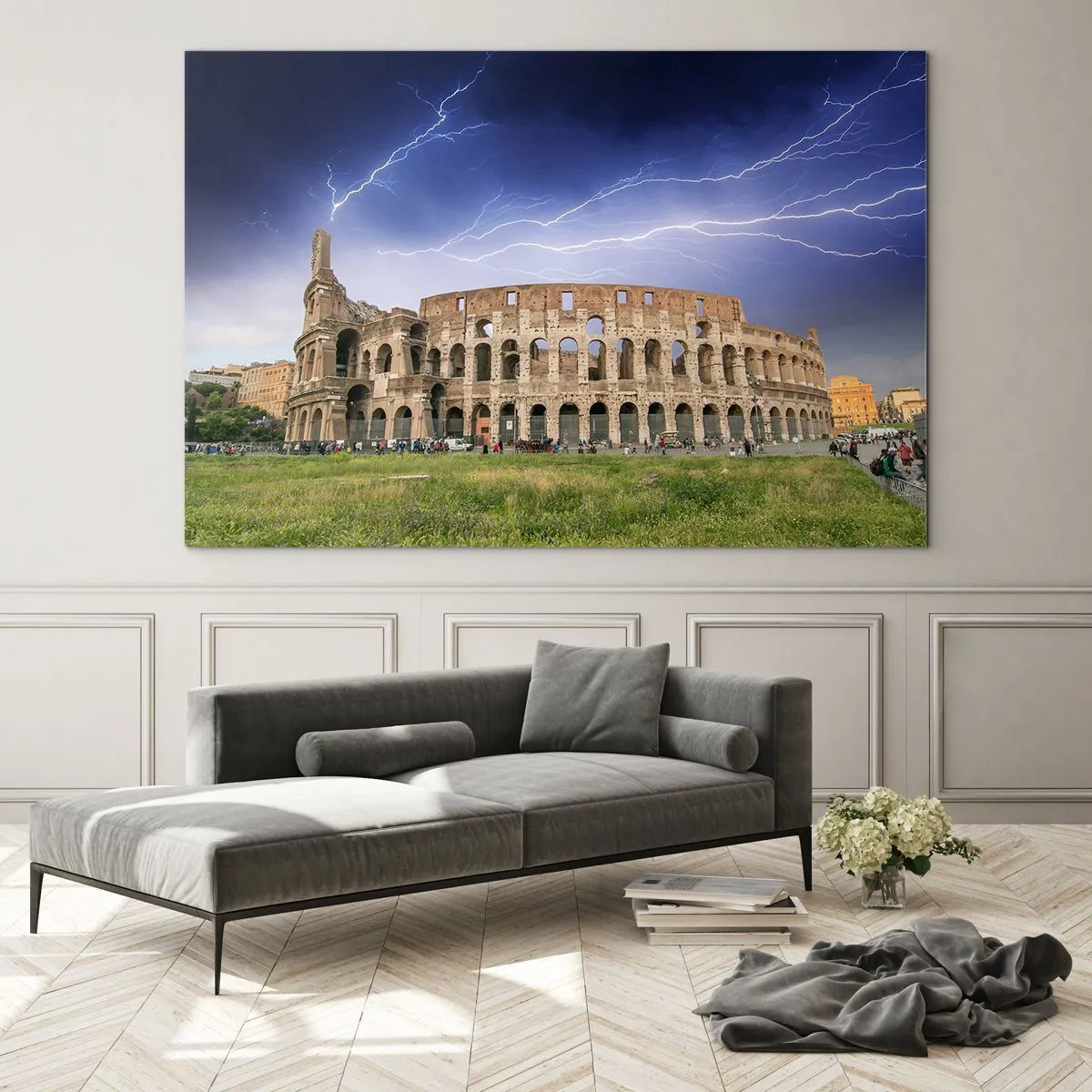 Cuadro sobre vidrio - Impresiones sobre Vidrio - El Coliseo de Roma durante una tormenta eléctrica - 120x80cm - Arena de guerreros - Decoración de pared moderna para salón y dormitorio ARTTOR