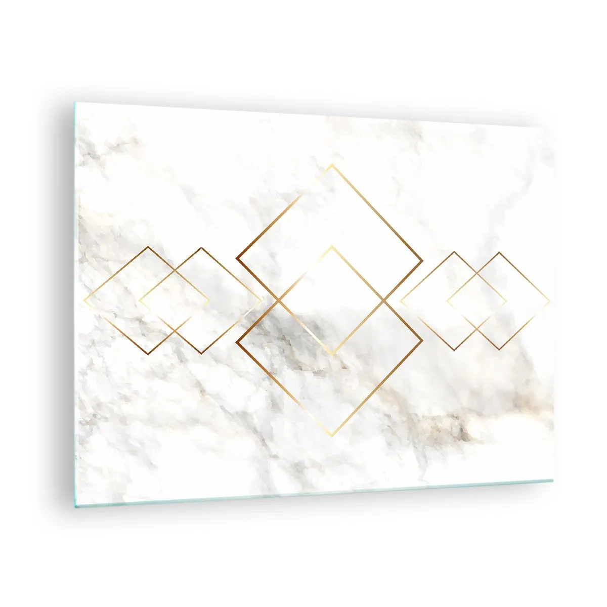 Cuadro sobre vidrio - Impresiones sobre Vidrio - Rombos geométricos dorados sobre un fondo de mármol blanco - 70x50cm - Una vista al infinito - Decoración de pared moderna para salón y dormitorio ARTTOR