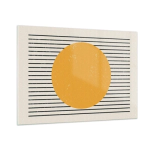 Cuadro sobre vidrio - Impresiones sobre Vidrio - Un círculo naranja sobre un fondo de líneas negras horizontales sobre un fondo beige. - 100x70cm - El poder de la sencillez - Decoración de pared moderna para salón y dormitorio ARTTOR