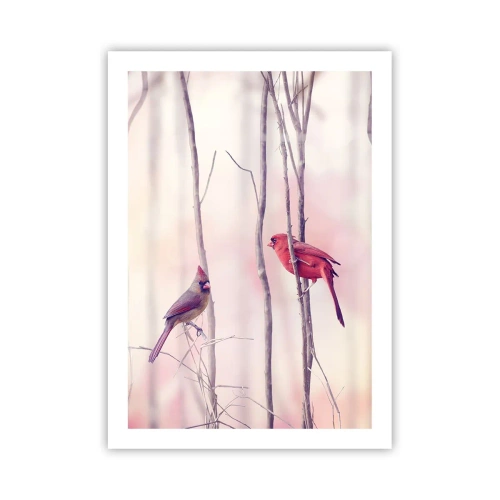 Póster - Una pareja de cardenales sobre un fondo de delicadas ramas. - 50x70cm - Historia de un bosque rosa - Decoración de pared moderna para salón y dormitorio ARTTOR