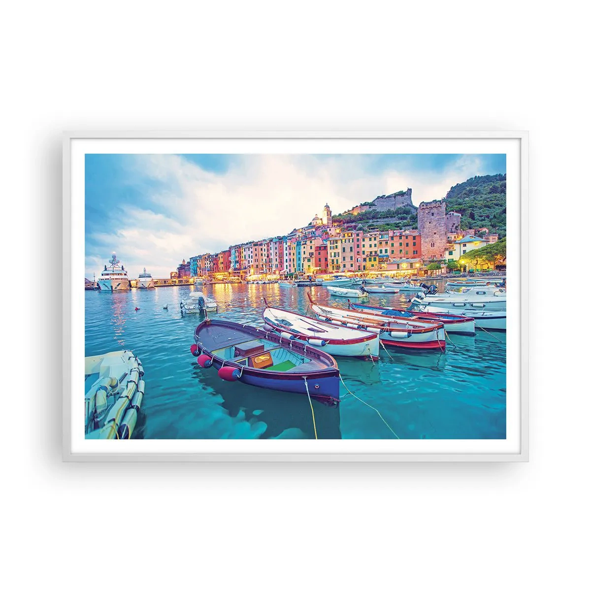 Póster en marco blanco - Una noche colorida en el puerto - 100x70 cm